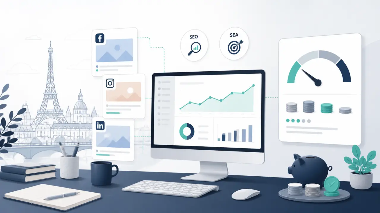 Illustration minimaliste d'une campagne social ads et de données de performance